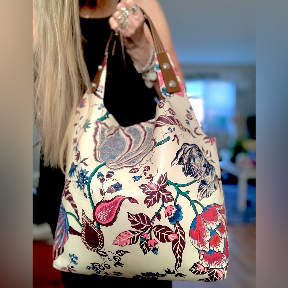 TORY BURCH RORY LARGE LEATHER HAPPY TIMES PRINTED TOTE W/POUCH - Picture 3 of 12